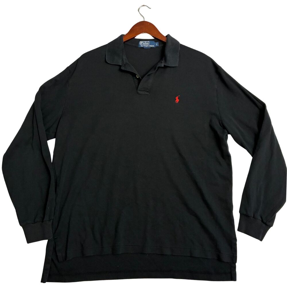 Polo Ralph Lauren Mens L Black Long Sleeve Polo Shirt Red Pony 100% Cotton
